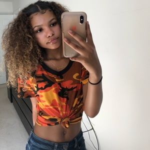 women’s orange & black camo crop top